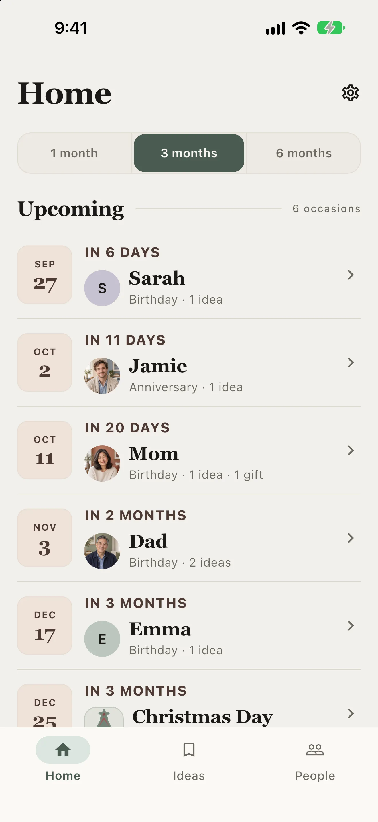 GiftThem Home listing upcoming birthdays, an anniversary, and Christmas, each with a countdown