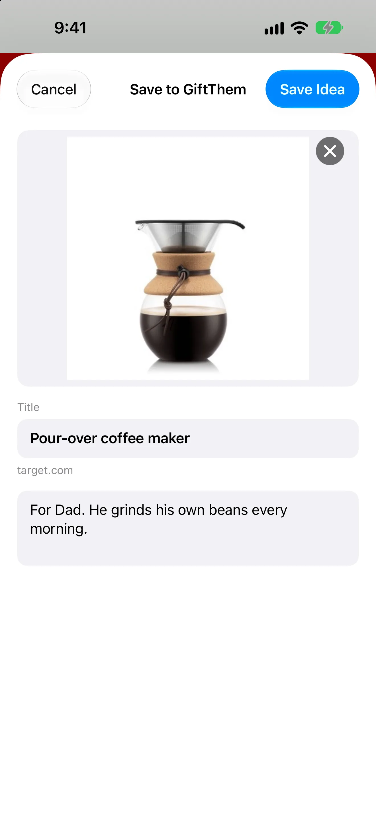 GiftThem share card over a product page, with the product photo, a short title, and a note for Dad